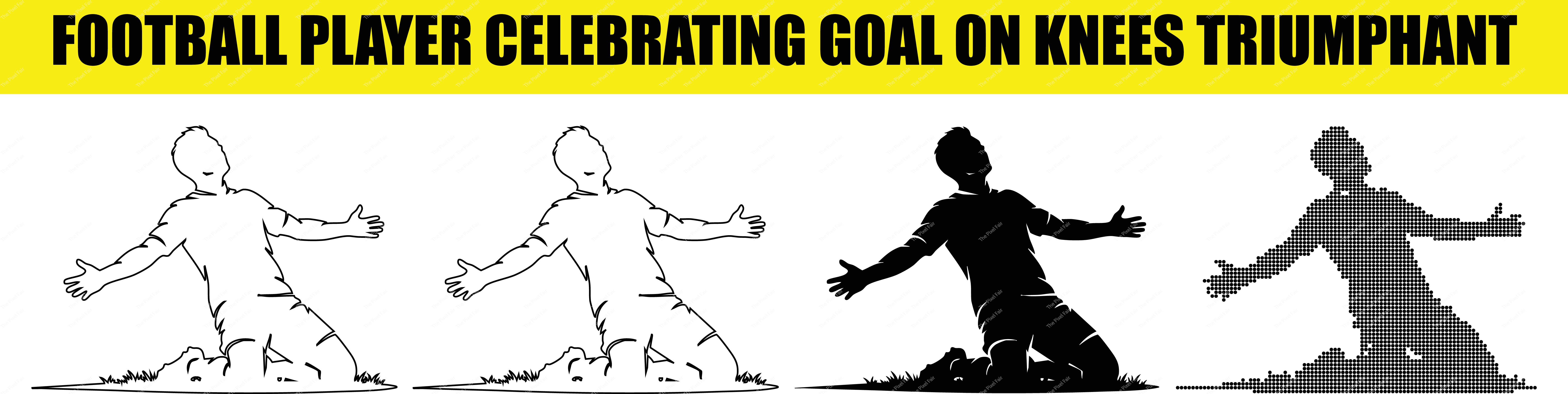 Football player celebrating goal on knees triumphant with arms outstretched in field.eps