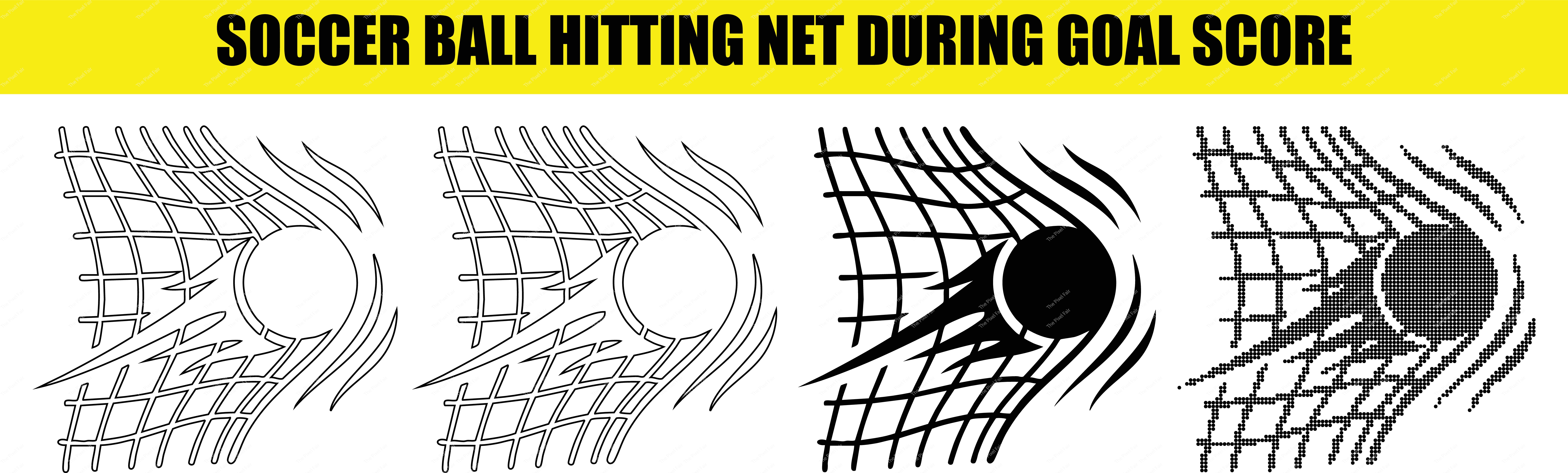 Soccer ball hitting net during goal score with motion and speed effect.