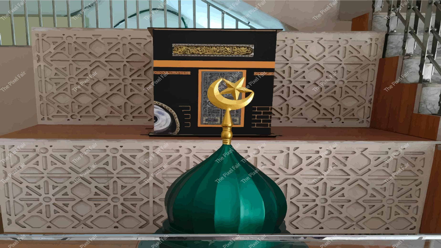 Islamic Miniature Concept with Kaaba Sharif and Dome Vector Background