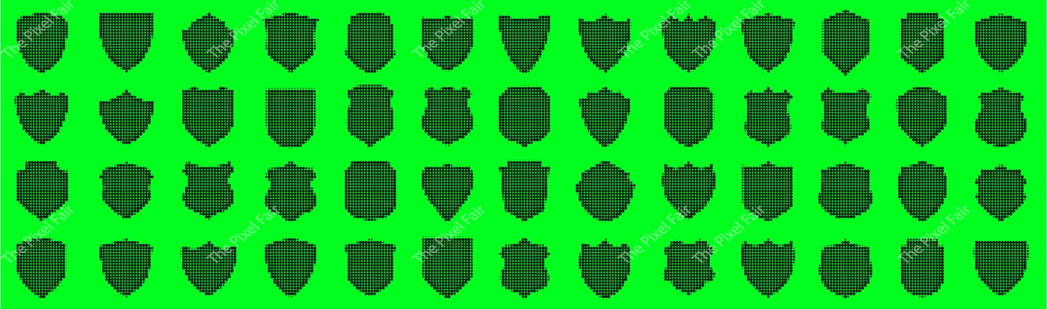 Forty shield icons created with black halftone dots on bright green background for digital security interface design.