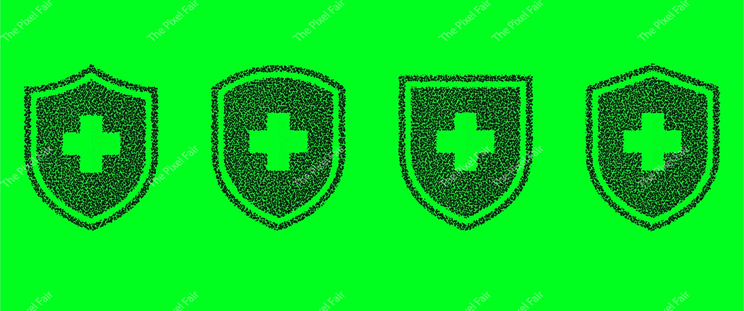 Four black stippled shield icons with central medical cross symbols on bright green background for health protection.