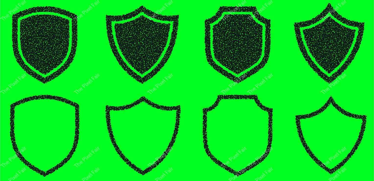 Black stippled shield outline icons with solid centers on green background for web security and data protection design.
