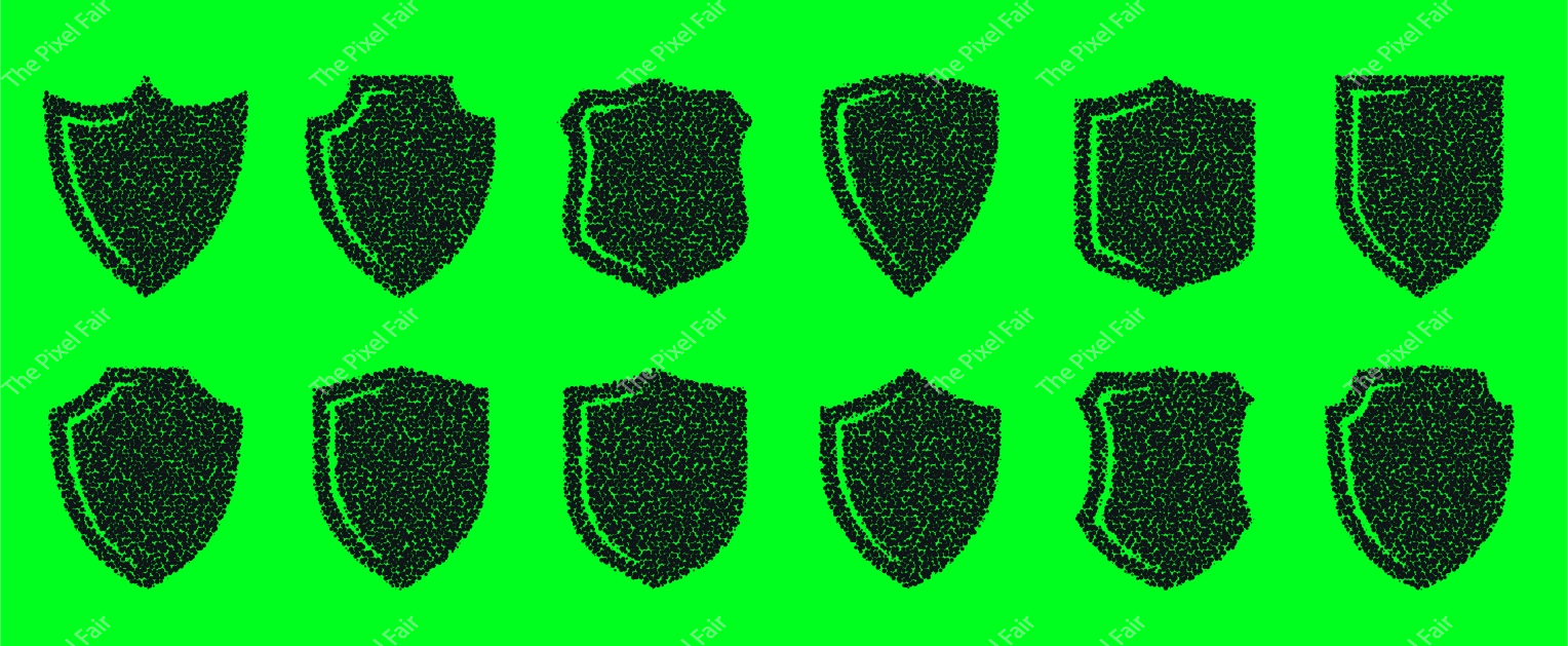 Twelve black stippled shield icons with inner border details on bright green background for cybersecurity applications.