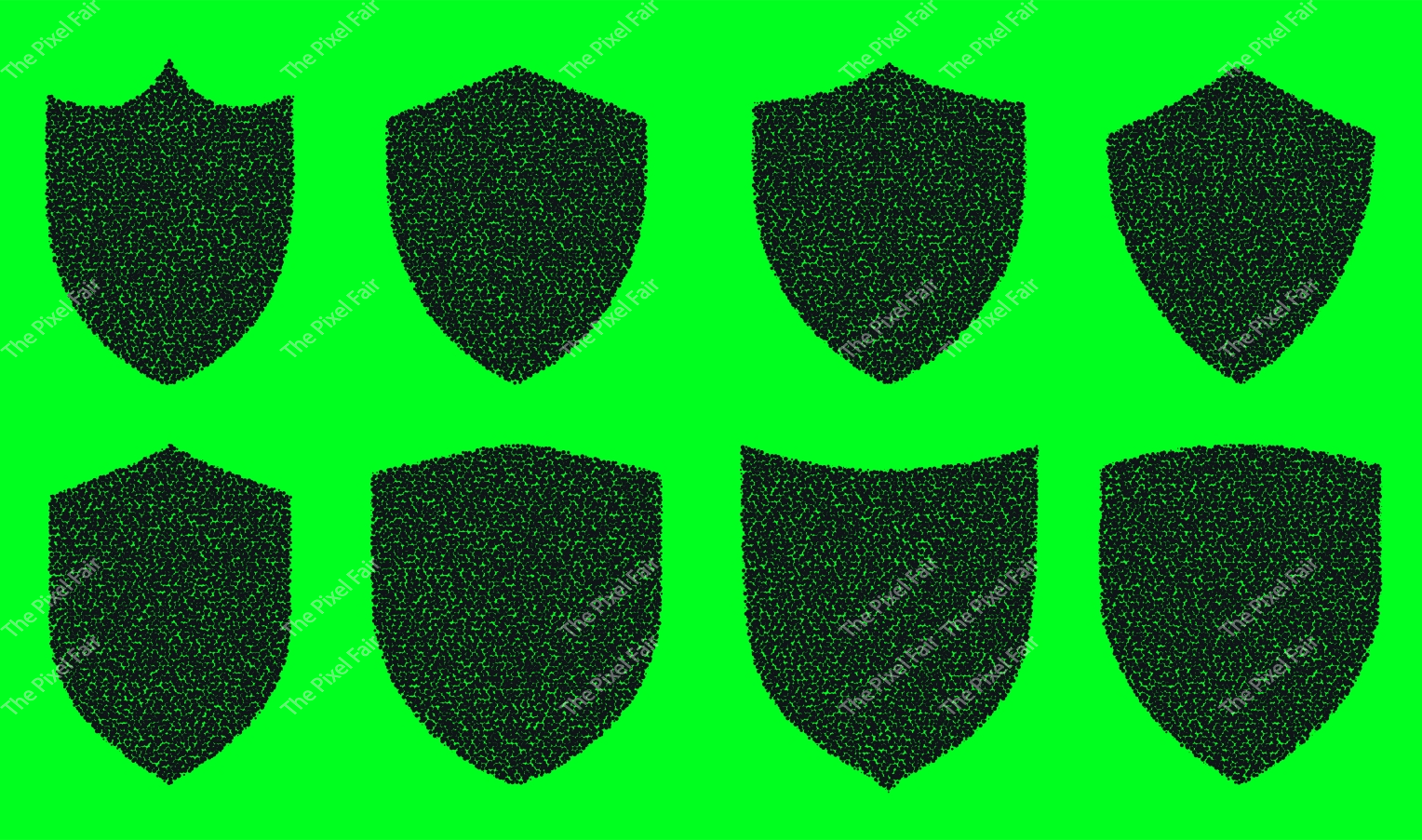 Solid black stippled shield silhouettes isolated on bright green background for digital security and protection concepts.