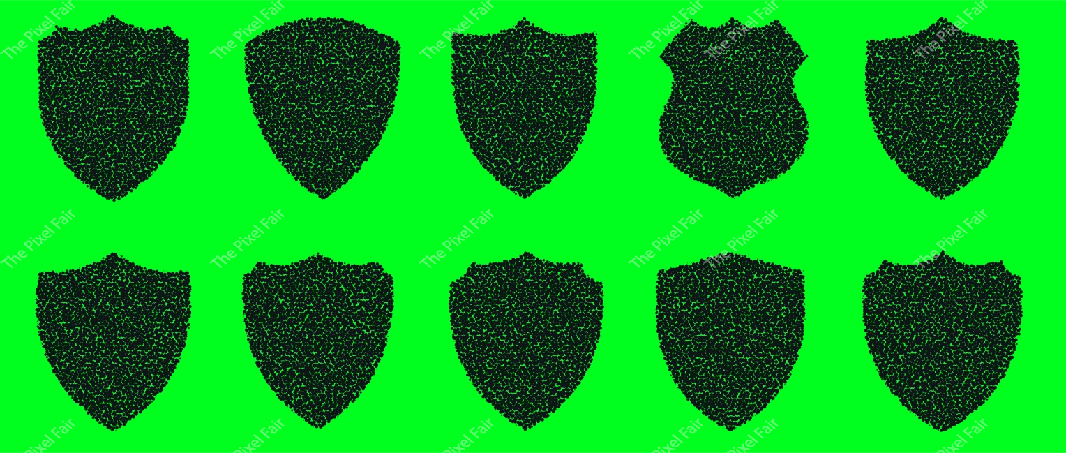 Stippled shield shapes collection providing professional security iconography for web design and application interfaces.
