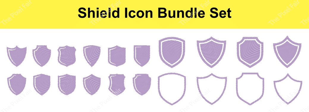 Shield icon bundle set featuring purple outline stipple designs for digital user interface and secure web development.