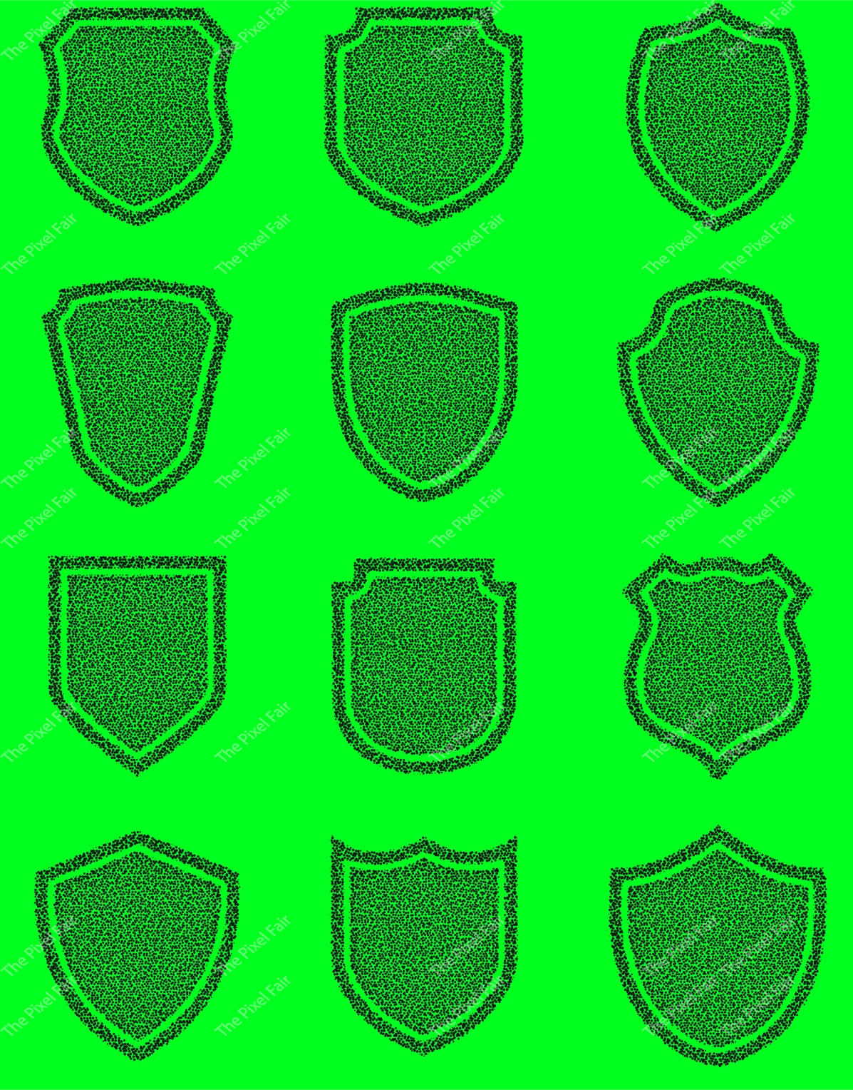 Detailed stippled shield icon set with varied border styles for professional web design and security software interfaces.