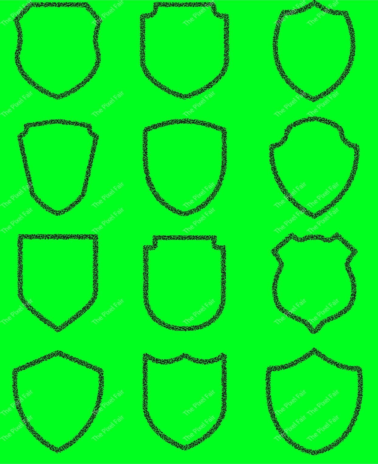 Shield outline icons collection featuring black dotted stroke shapes on bright green background for web design projects.