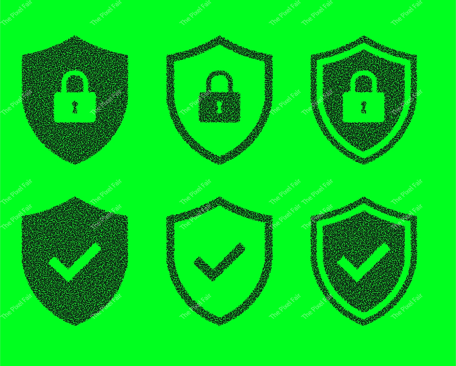 Shield icons collection featuring dotted security symbols with padlocks and checkmarks on vibrant green backdrop design.