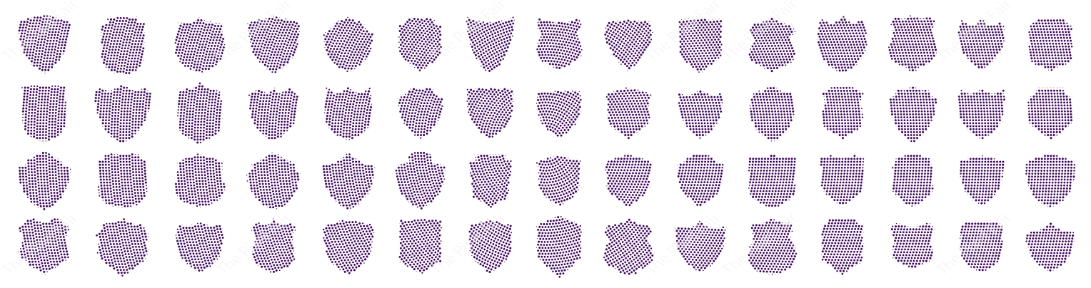 Purple halftone shield icon collection featuring diverse tactical shapes for cyber defense and web security graphic design.
