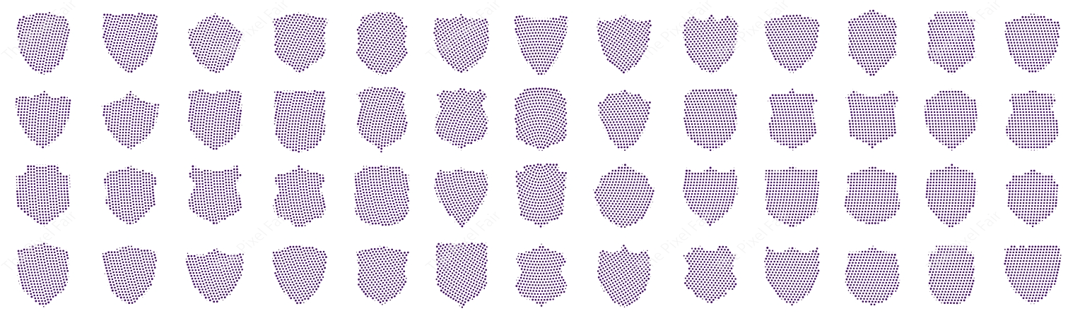 Digital shield vector icons with purple halftone texture for cybersecurity website interface and safety management system.