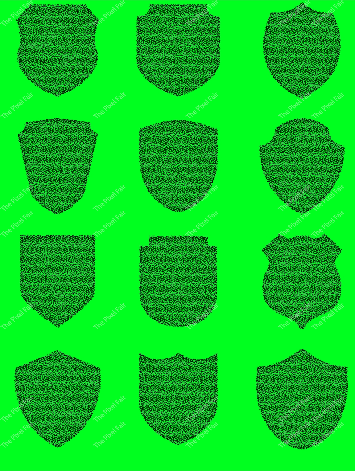 Shield icons collection featuring solid black dotted texture shapes on bright green background for digital security design.