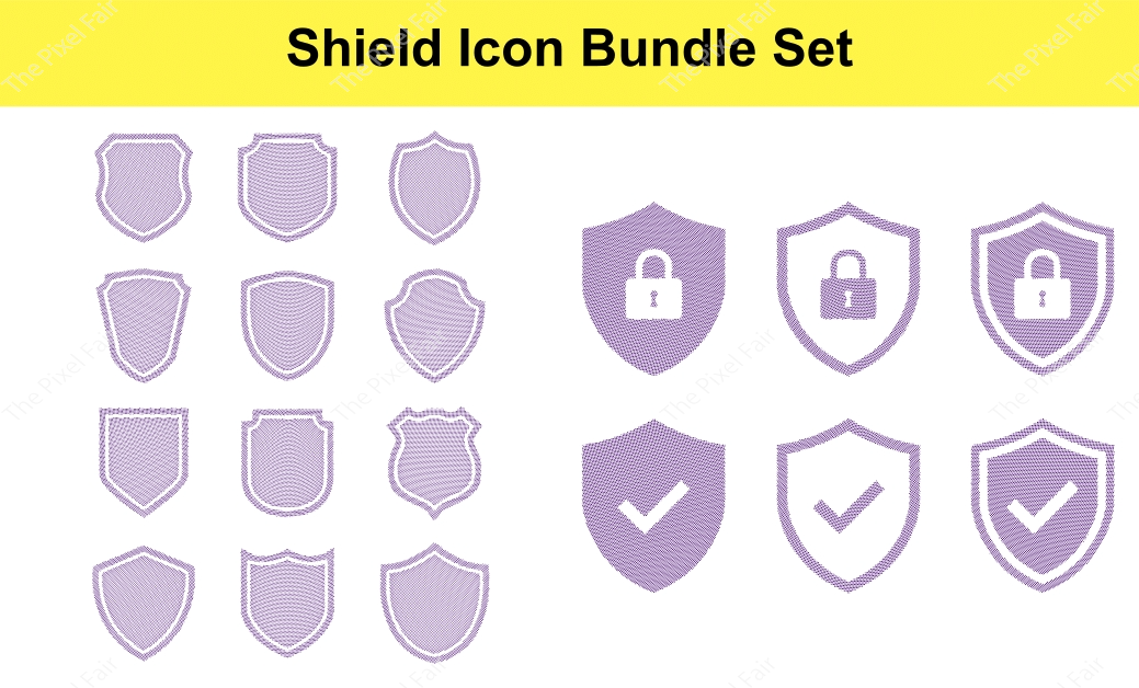 Shield icon bundle set featuring transparent violet security shapes with locks and checkmarks for software development.