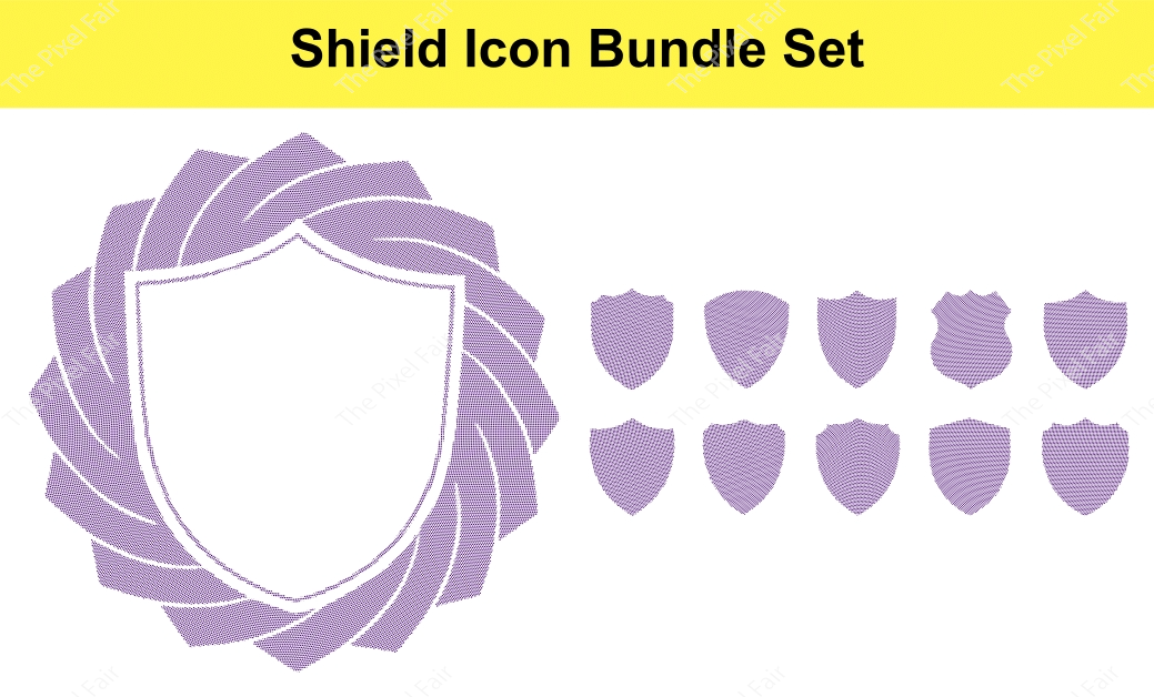 Shield icon set featuring purple grid pattern elements for digital security protection and website safety interface design.