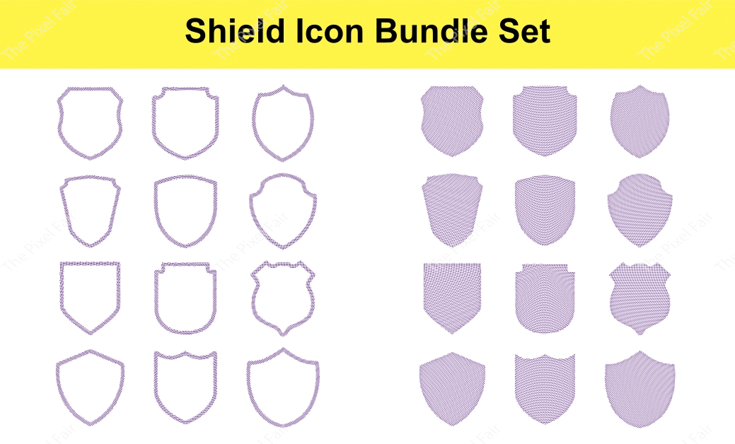 Outline and filled shield icon bundle featuring purple grid textures for software security and digital safety navigation.