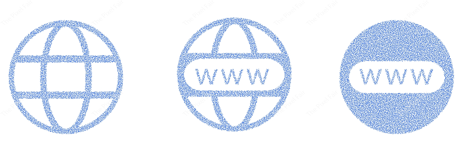 Three blue outline globe icons, two featuring www text for internet and global communication concepts on transparent background.