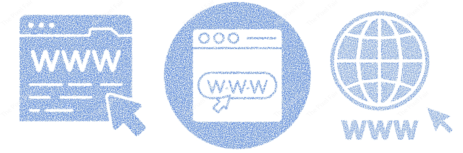 Web browser icon with www text, a circular calendar icon, and a globe with www text, all in a blue outline style on transparent background.