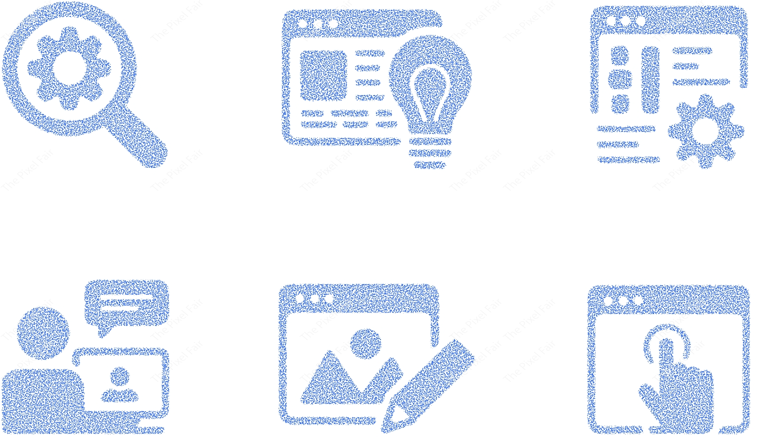 Six diverse blue outline icons depicting search, location, settings, user, image gallery, and interaction on transparent background.