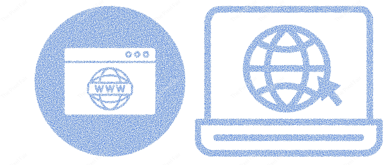 Circle and square outlined web browser icons with globe and world wide web symbols on transparent background.