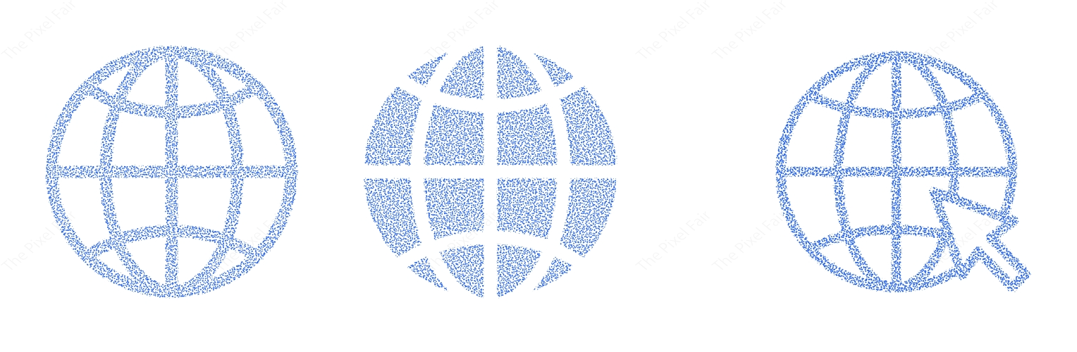 Three blue globe icons with different styles including cursor for global network and internet connection.