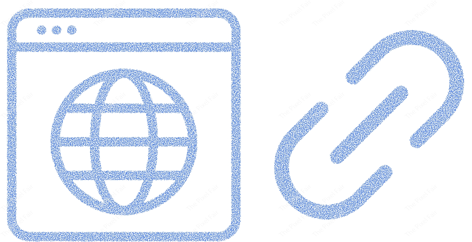 Browser window with globe icon and link symbol in blue color on transparent background for web design.