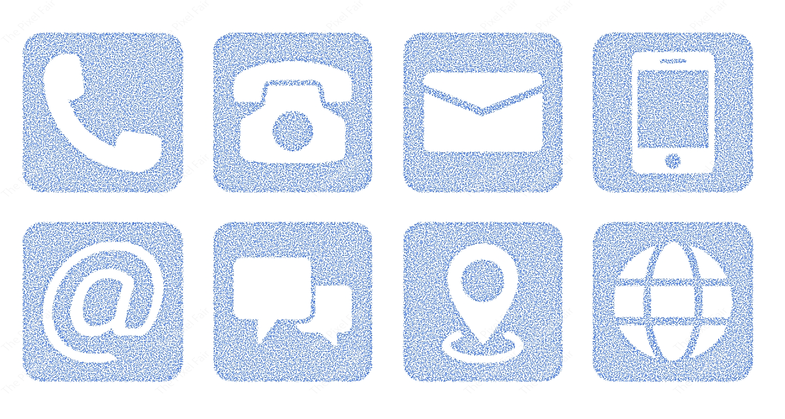 Set of blue square contact icons including phone email internet and chat symbols on transparent background.
