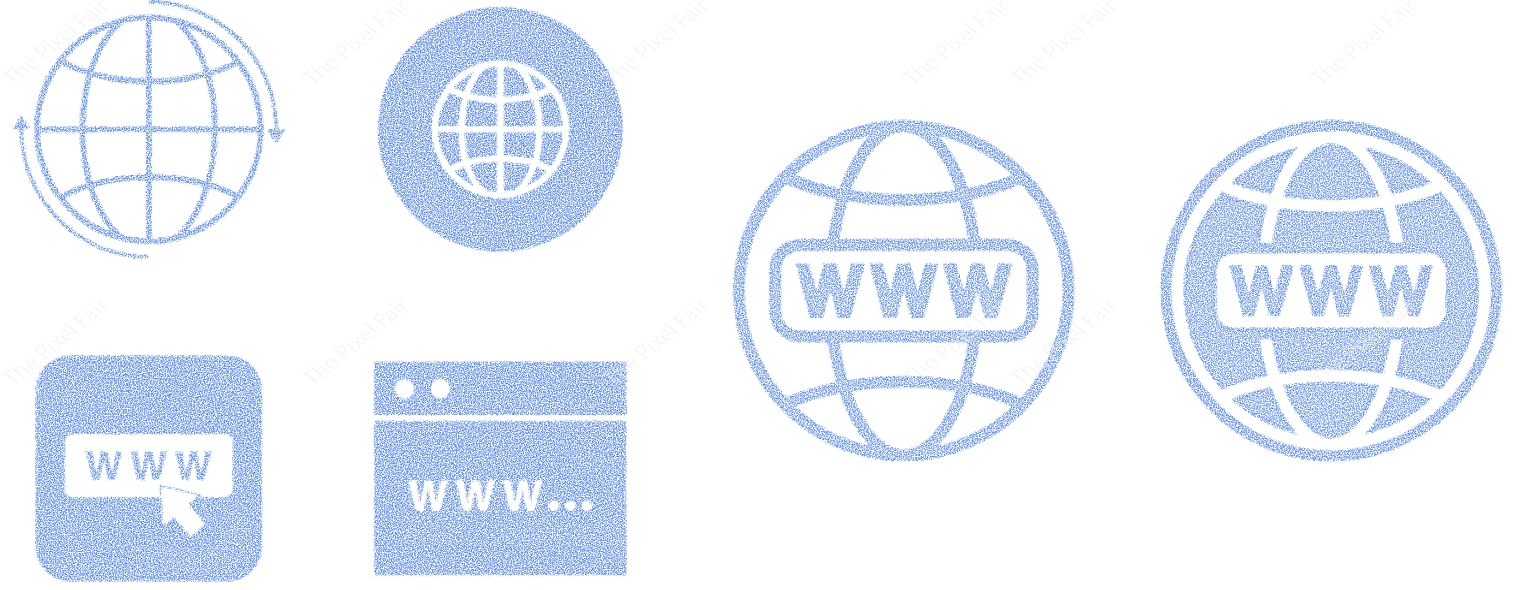 Collection of blue globe and browser window icons on transparent grid for web and internet representation.