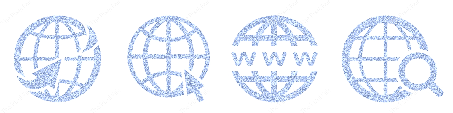 Global network search engine icons with world sphere grids and navigation cursors in semi transparent blue lines.