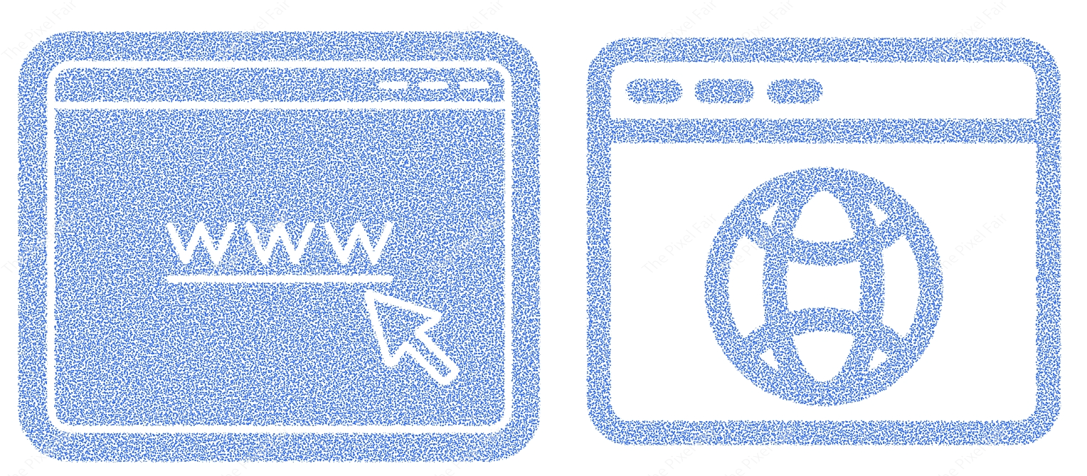 Web browser interface designs with world wide web domain text and globe icon using textured blue fill pattern.