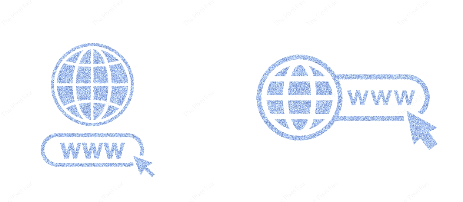 Globe and www web address thin blue outline vector icons with cursor elements for internet browsing navigation designs.