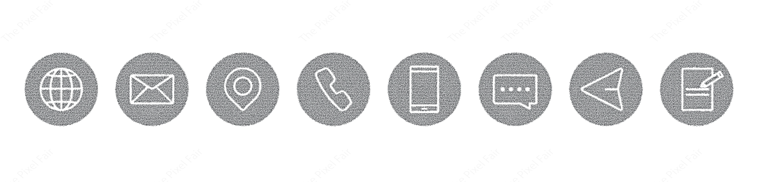Set of eight essential thin outline communication icons in circular frames for website contact and navigation interfaces.