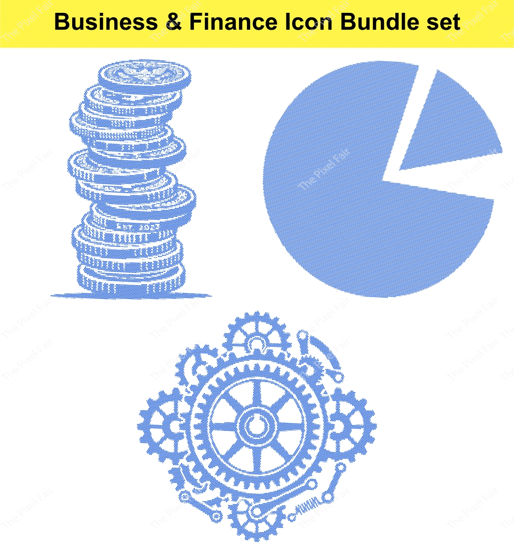 Stacked coins and pie chart with intricate mechanism gear icons in blue outline style representing finance workflow.