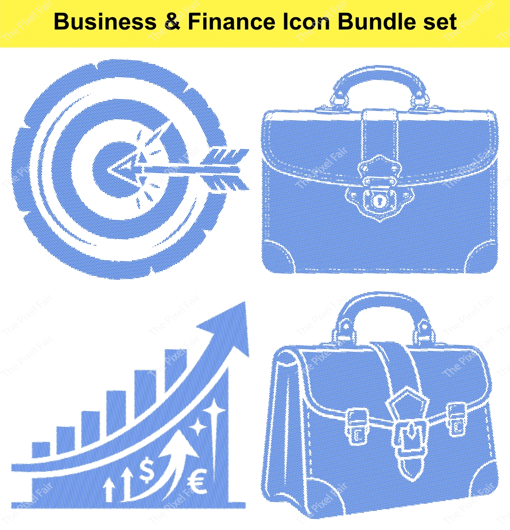 Business briefcase icons with target dartboard and growth bar chart in blue sketch style for financial success designs.
