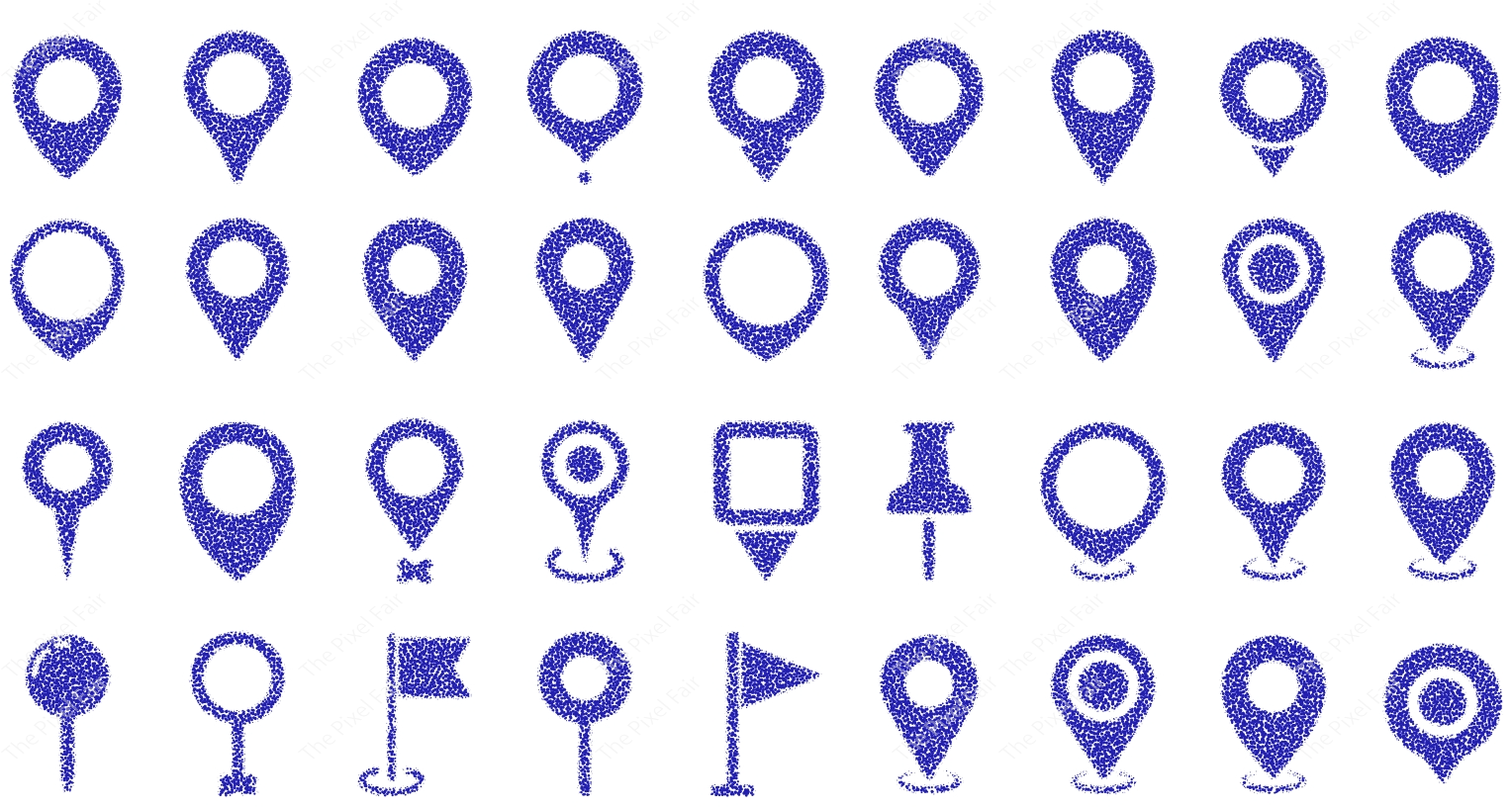 Comprehensive collection of blue stippled location markers and map pin variations for diverse navigation UI designs.