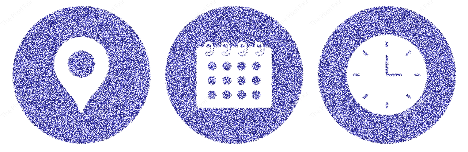 Circular blue grain textured navigation and schedule icon set for digital interface planning and location tracking.