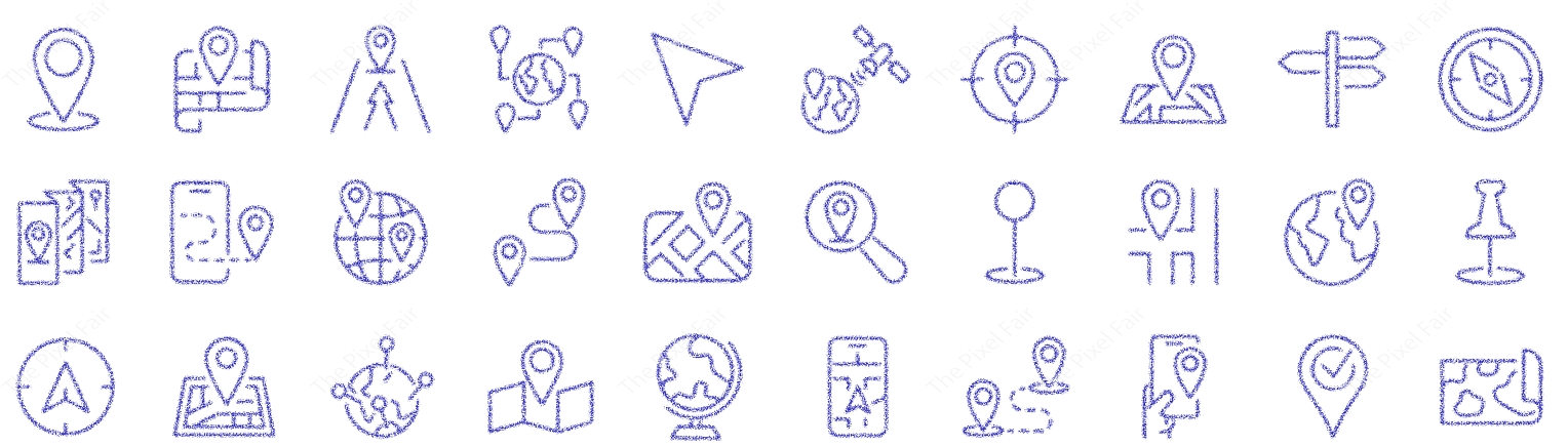 Set of 27 blue map pins, location markers and navigation line icons for online services and applications.