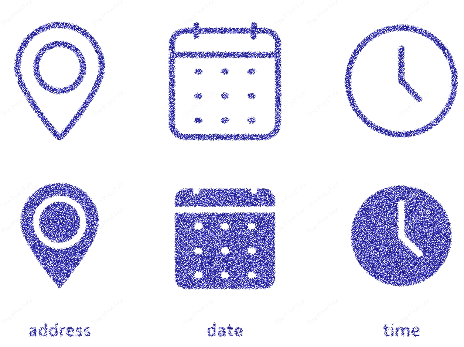 Blue pointillism map pin calendar and clock icon set on transparent background for scheduling and location appointment.