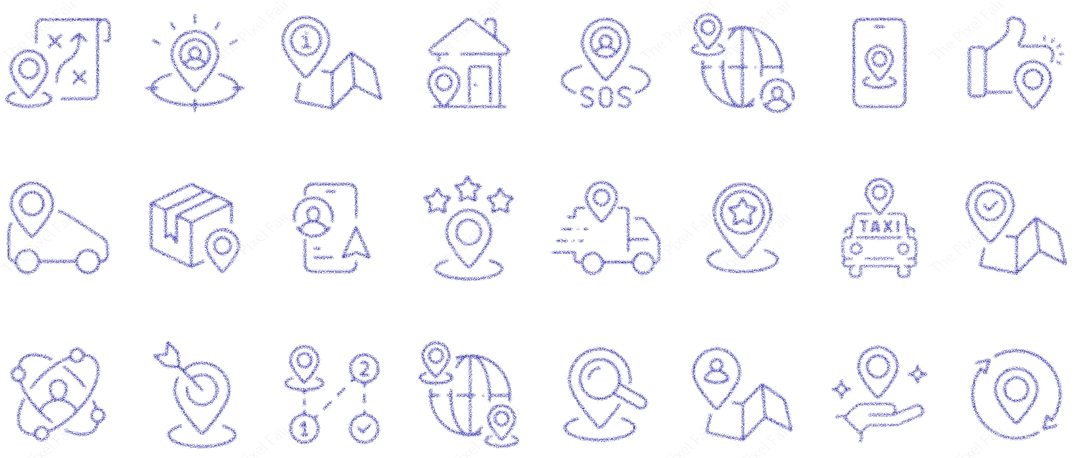 Set of 27 blue line icons for map pins, location markers, and navigation interfaces for modern applications.