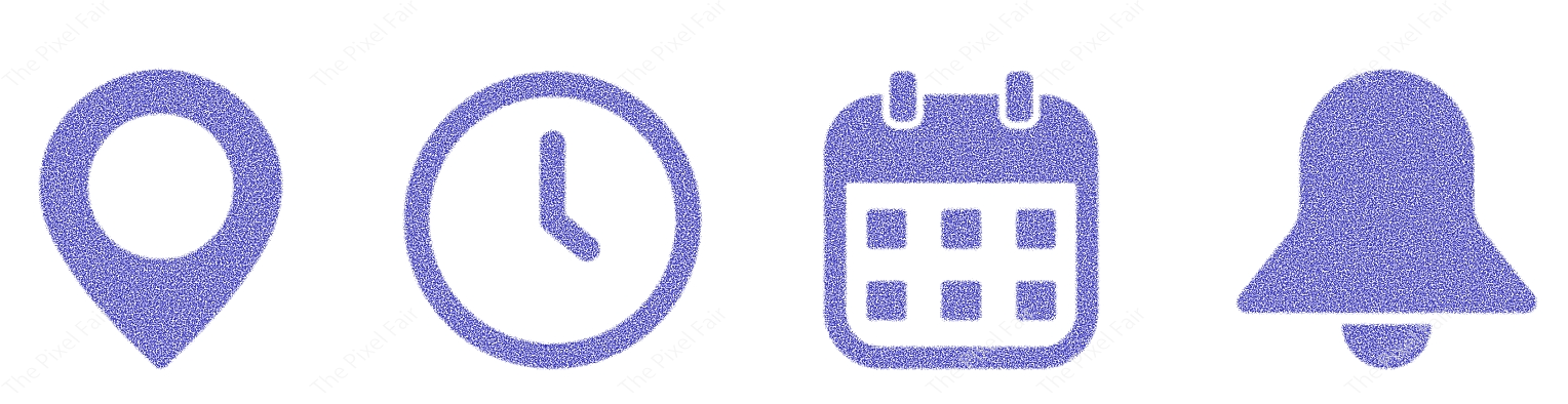 Four solid purple icons representing location, time, calendar dates, and notifications for digital interfaces.