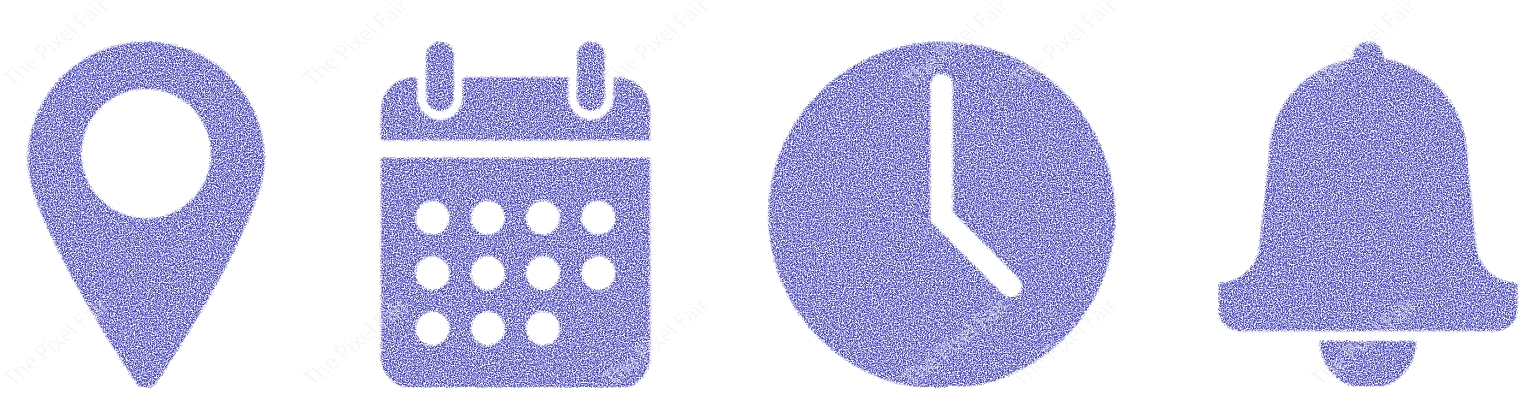Four solid purple icons including a map pin, calendar, clock, and bell, for notifications and scheduling.