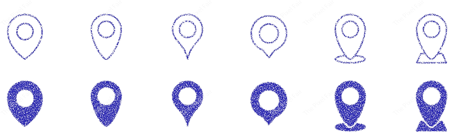 Blue map location pins with dotted texture and transparent background for navigation apps and websites.