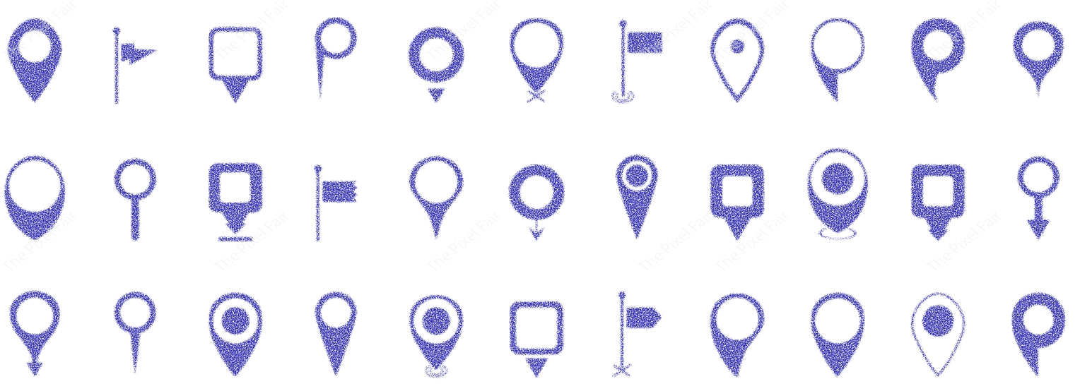 Blue location pins and flags with dotted texture for map markers and navigation interfaces.