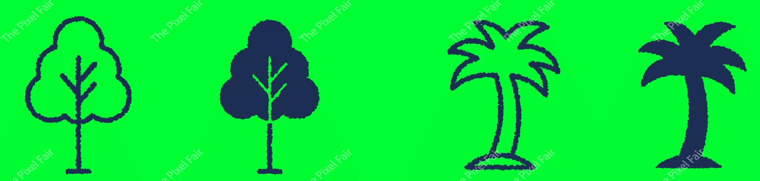 Set of simple tree and palm icons with textured navy blue outlines on bright green background for environmental graphics.