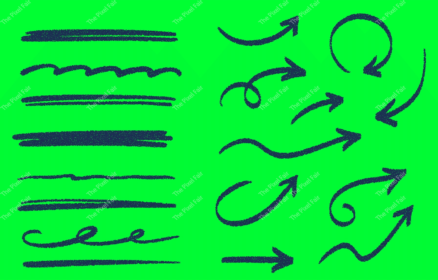 Textured underline strokes and curved navigation arrows collection for highlighting important document text and headings.