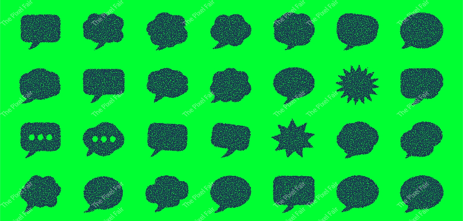 Speech bubble silhouettes with stippled halftone texture for comic dialogue and chat interface communication graphics.