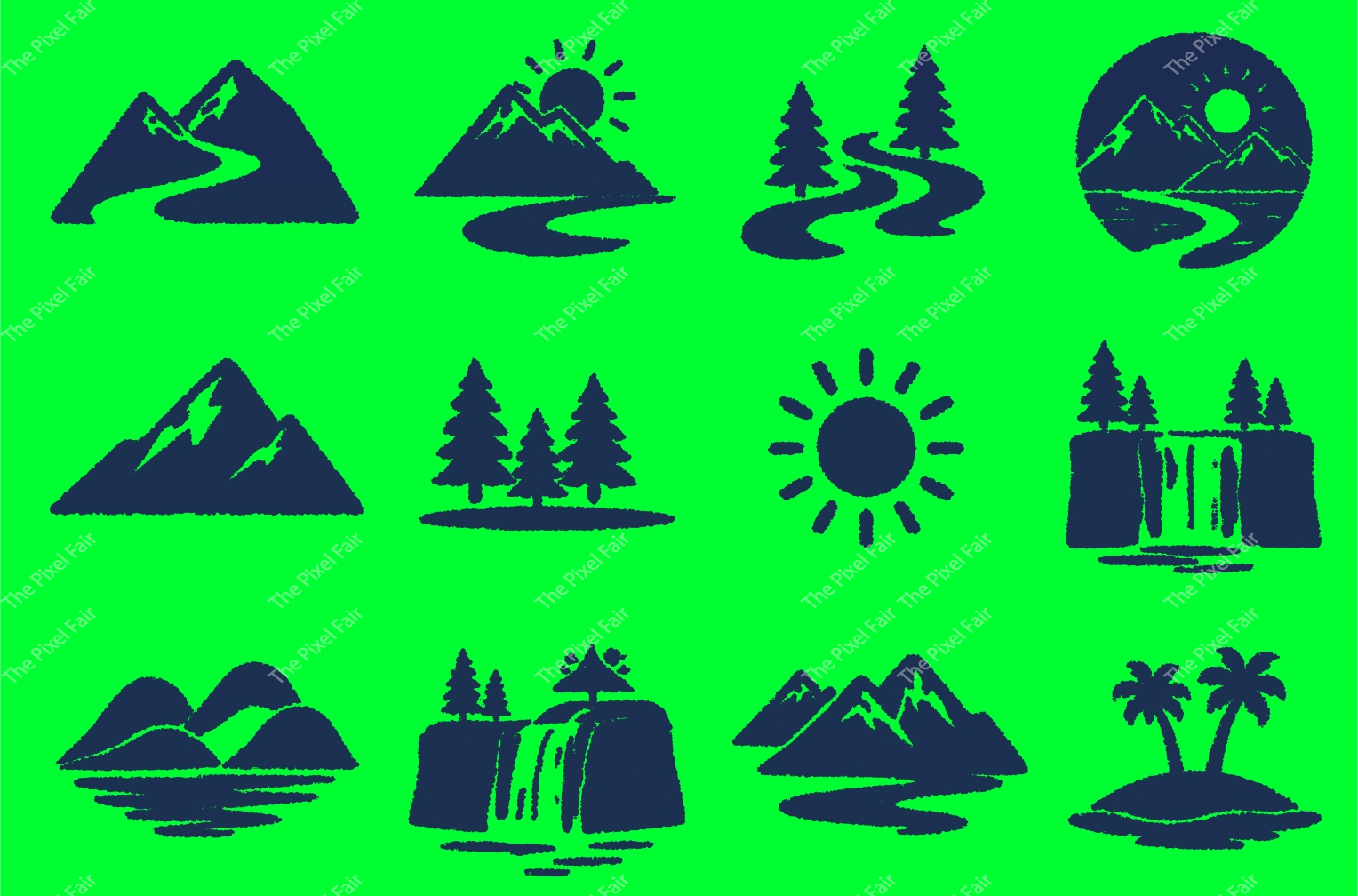 Varied landscape icons featuring mountains rivers sun and waterfalls in navy blue textured style for travel graphic themes.