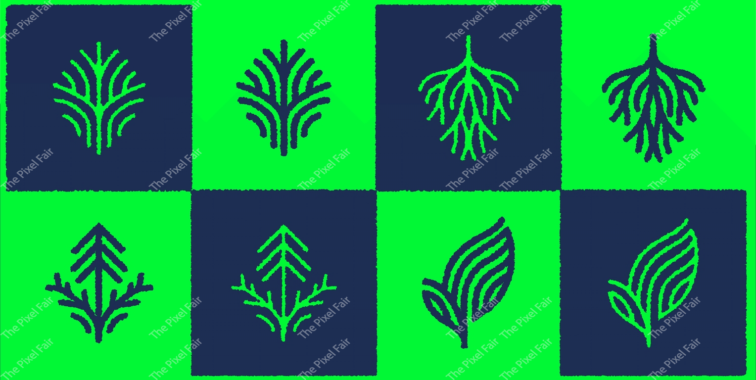 Abstract floral plant patterns with dark navy textured lines on vibrant green square background for decorative design set.