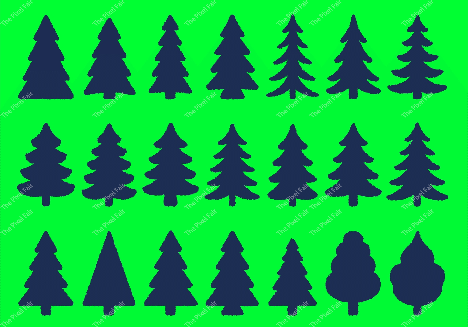 Extensive library of coniferous pine tree silhouettes with textured navy blue finish on vibrant green background for maps.