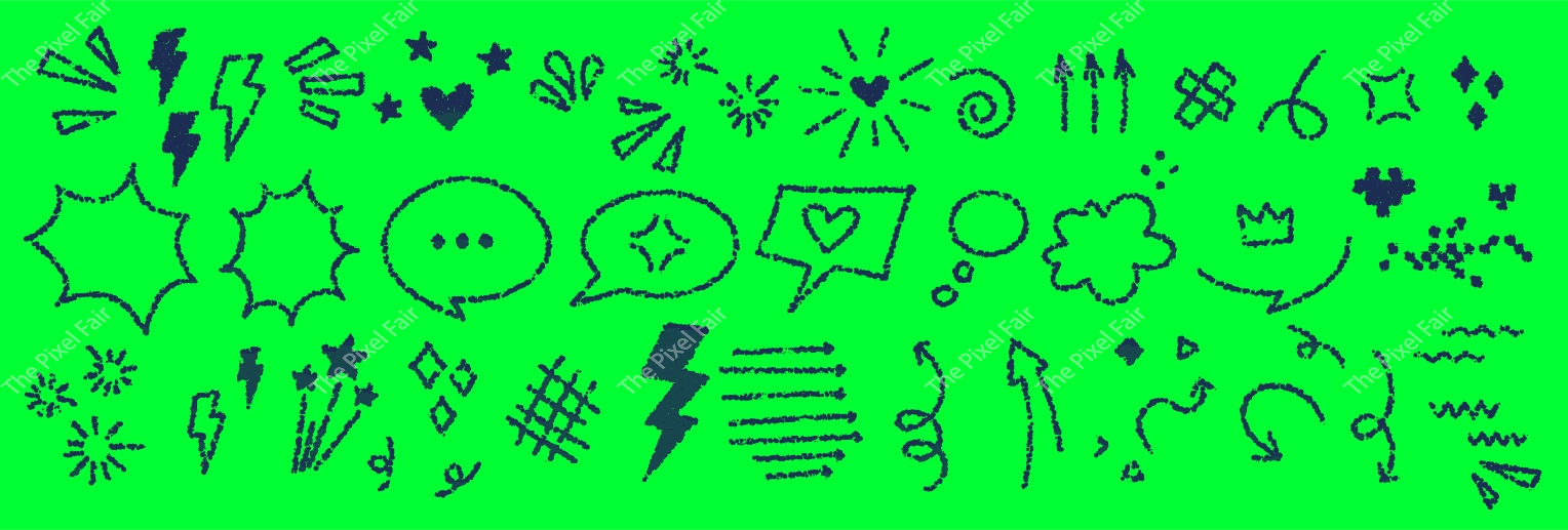 Collection of hand drawn doodle elements like speech bubbles lightning bolts hearts and stars for graphic design.