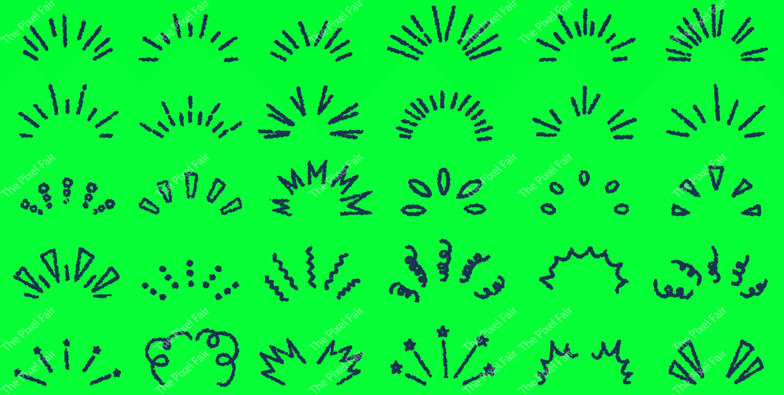 Set of black chalk brush texture sunburst and explosion elements on green screen chroma key background.
